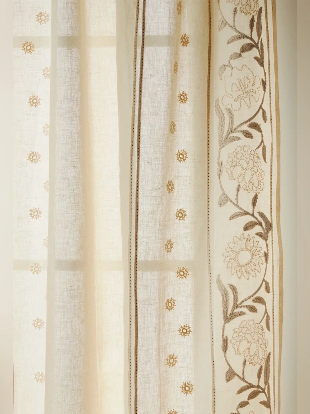 Anthropologie Manette Embroidered Cotton Linen Sheer Curtain, Neutral, 2 Panels